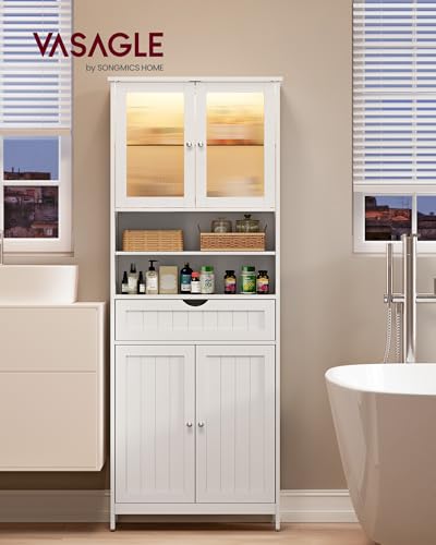 Storage Cabinet with LED Lights (4 Doors + 2 Open Compartments+LED Lights / 11.8"D x 23.6"W x 69.9"H)