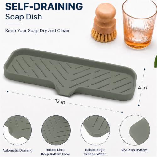 Silicone Soap Dish with Drain Spout (Grey / L(12"×4"))