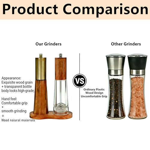 Wooden Salt and Pepper Grinder Set with Base And Acrylic Body Pepper Mill (Gold-Brown+Acrylic)