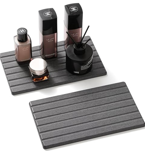 2PCS Water Absorbing Stone Drying Tray Mat for Bathroom Sink & Kitchen Counter Organizer (2 Pack - Charcoal Gray / 10"x 6")