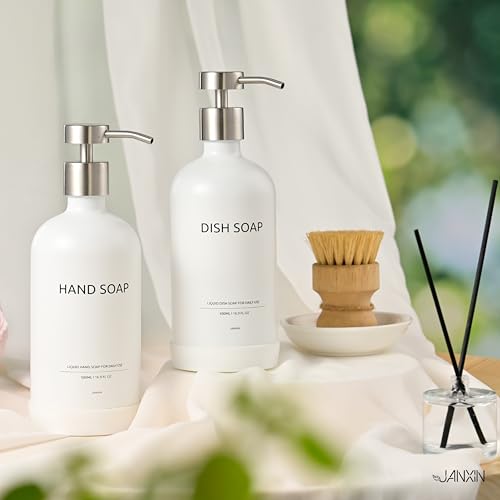 Glass Kitchen Soap Dispenser Set with Ceramic Tray (White Bottles + Silver Pumps)