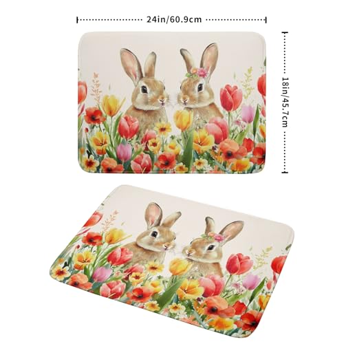 Easter Bunny Dish Drying Mat 18x24 inch Spring Floral Drying Pad Holiday Absorbent Microfiber Dishes Drainer Protector for Kitchen Counter (Bunny Floral / 18" x 18")