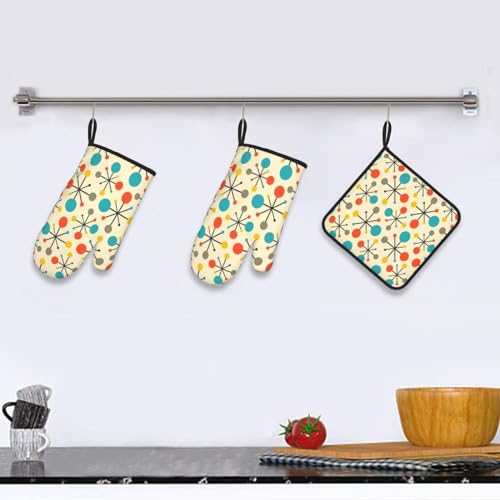 Mid Century Fifties Modern Atomic Retro Oven Mitts and Pot Holders Sets of 3