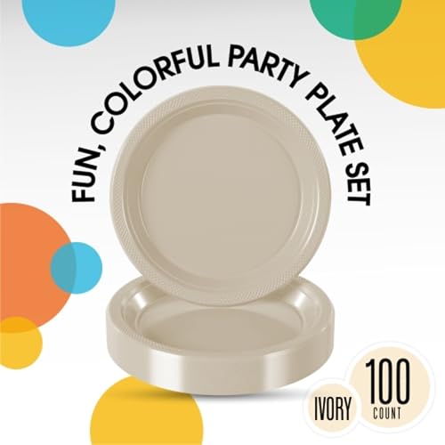 Exquisite Party Solids Sturdy Ivory Plastic Plates 9" Party Plates 100 Pcs (9 inch / Ivory)