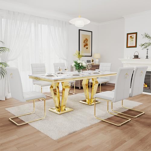 7 Piece Luxury Dining Room Set (Gold White + White / Dining Table + 6 U-shape Chair)