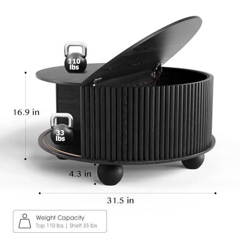 Round Coffee Table with Storage for Living Room (Black)