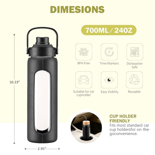 24 oz Glass Water Bottle with Straw and 2 Lids (Black / 24 Ounces)