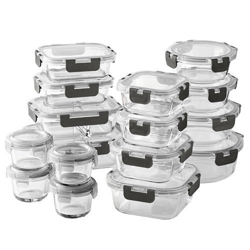 Premium 32 Pc. Borosilicate Glass Food Container Set with Dividers (Ombre Black)