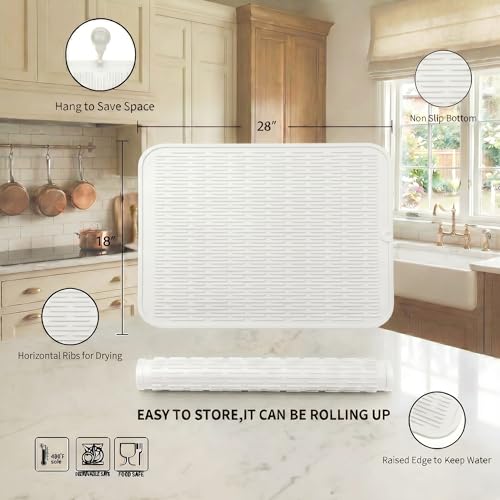 Silicone Dish Drying Mat for Multiple Usage (White / 28"L x 18"W)