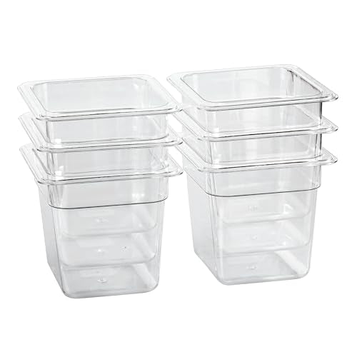 1 6 Size Food Containers 6 Pack 6 Inch Deep Pan Clear BPA free Polycarbonate Stackable Commercial Hotel Pan for Kitchen Business and Food Serving (1/6 Size / 6" Deep)
