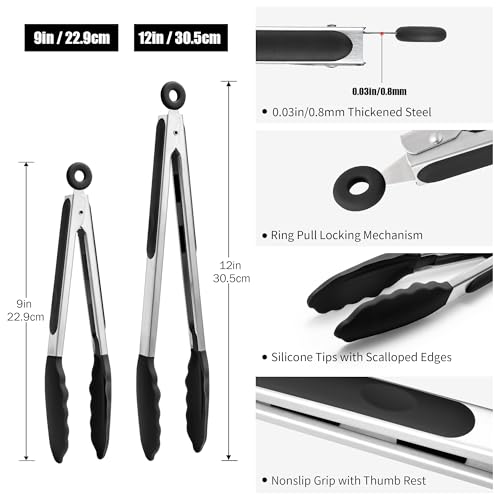 Kitchen Tongs with Silicone Tips for Cooking Serving (Set of 2 (9+12in) / Black)