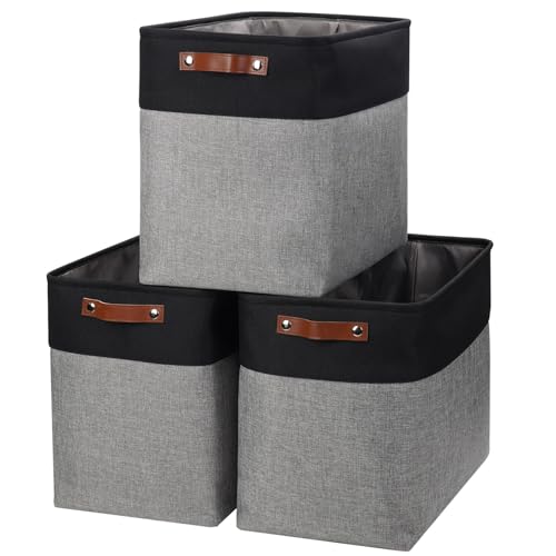 Large Fabric Storage Baskets (Gray / Black / Extra Large -17"x12"x15")