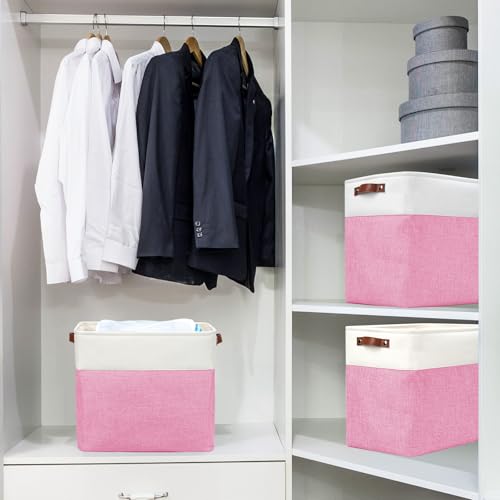 Large Fabric Storage Baskets (Pink / Off-White / Extra Large -17"x12"x15")