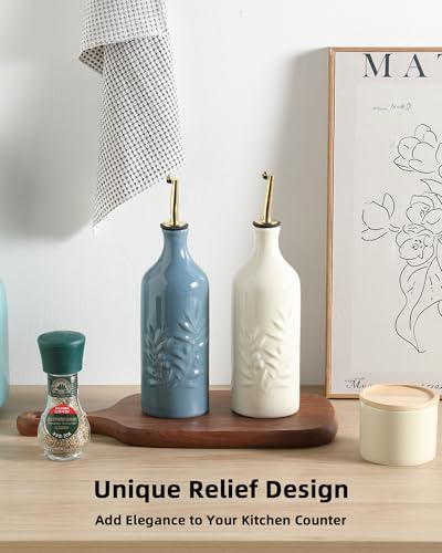 Sweejar Ceramic Olive Oil Dispenser Bottle 20 Oz Relief Opaque Oil Cruet Protects To Reduce Oxidation Suitable for Storage Vinegar (Fog Blue / 20 oz (Gold Spout), Set of 1)