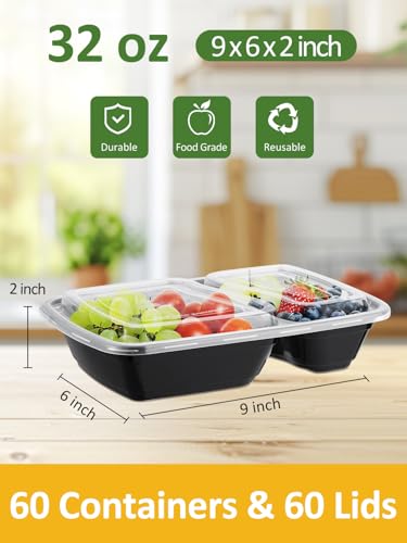60 Sets 32oz Meal Prep Containers 2 Compartment (2 Compartment-32oz)