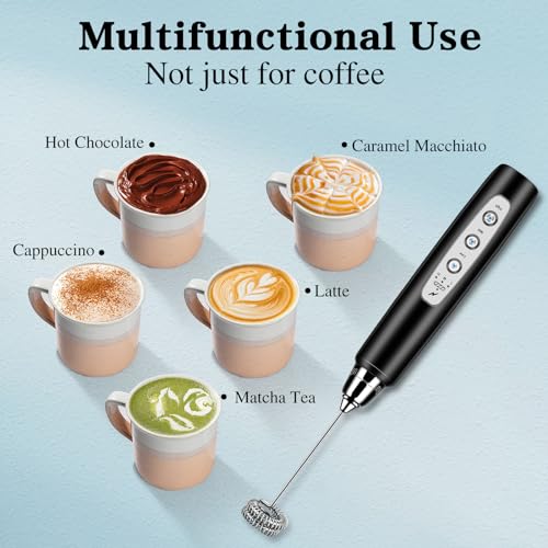 Milk Frother Wand Rechargeable Handheld Whisk Coffee 3 Speed Adjustable (Frother with stand / Black)