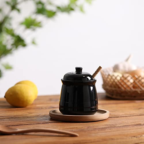 Ceramic Honey Jar with Lid and Dipper (Black)