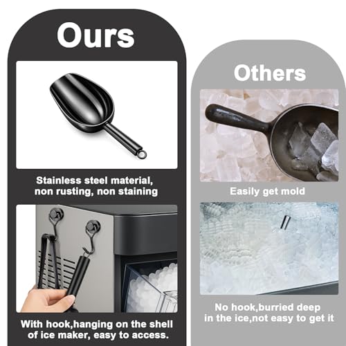 Stainless Steel Ice Scoop for Freezer with Magnetic Hook & Ice Tongs (6oz / Black)