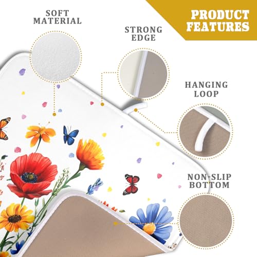 Watercolor Flower Dish Drying Mat 16x18 Inch Floral Butterfly Dish Drainer Protector Pad Washable Reversible Kitchen Counter Dish Dry Pad (Watercolor Flower / 16" x 16")