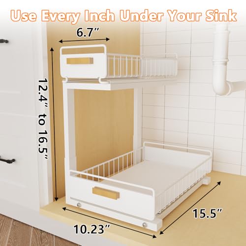 2 Pack Under Sink Organizer with Ball Bearing Sliding Drawer (2 Pack Double Layer / White)