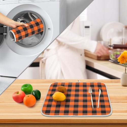 Halloween Dish Drying Mat for Kitchen Counter Absorbent Microfiber Small Drying Pad Black Orange Buffalo Plaid Check Dish Mats for Kitchen Countertops 16 x 18 Inch (Halloween Buffalo Plaid / 18" x 16")