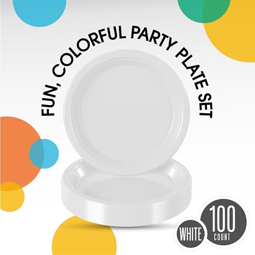 Sturdy White Plastic Plates 7" Cake Plates 100 Pcs (7 inch / White)