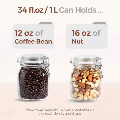 Square Glass Pantry Jars with Airtight Lids 34 oz 3 Pack Coffee (34 fl oz x 3)