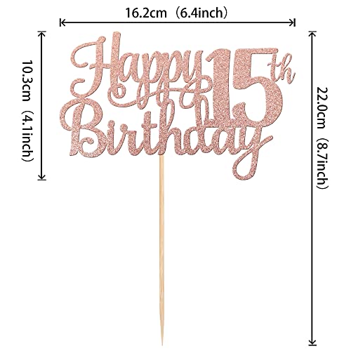 1 PCS Happy 15th Birthday Cake Topper Glitter Cheers to 15 Years Birthday Cake Pick Mis Quince 15 Fabulous Cake Decoration for Happy 15th Birthday Theme Party Decorations Supplies Rose Gold (Rose Gold / 15th)