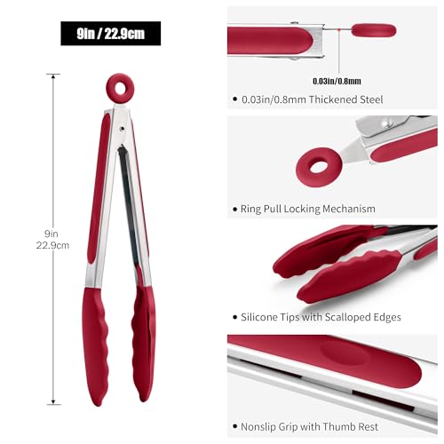 Kitchen Tongs with Silicone Tips for Cooking Serving (9in / Red)