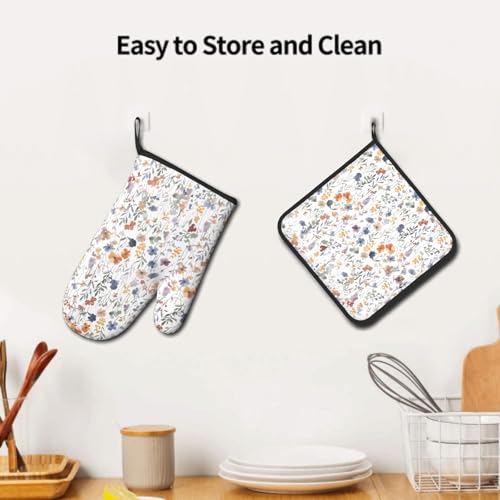 Watercolor Floral Oven Mitts and Pot Holder Kitchen Accessories Sets Botanical Leaf Heat Resistant Cooking Grilling Baking Gloves Hot Pads (Watercolor Floral)
