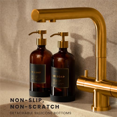 Hand and Dish Soap Dispenser for Kitchen and Bathroom (Amber Bottle / Brushed Gold Pump)