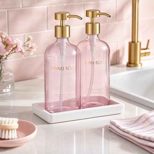 Glass Kitchen Soap Dispenser Set with Ceramic Tray (Pink Bottles + Gold Pumps)