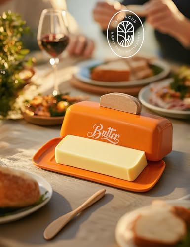 Butter Dish with Lid and Knife Butter Tray Holder for Counter Orange (Orange)