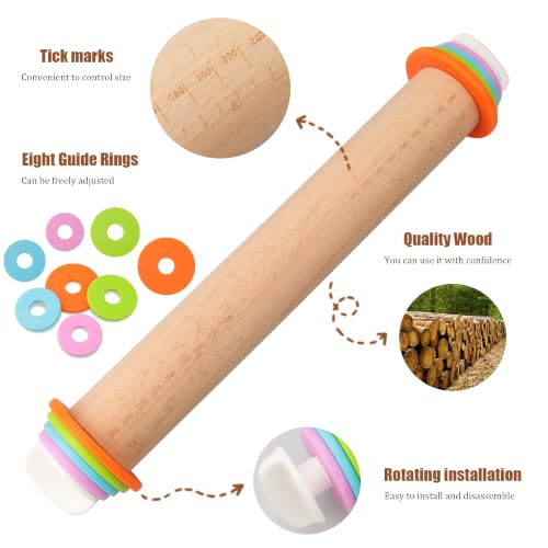 Adjustable Rolling Pin with Thickness Rings (Wood / 14INCH)