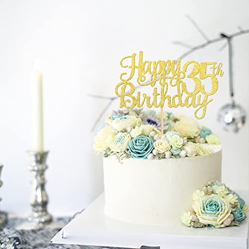 1 PCS Happy 35th Birthday Cake Topper Gold Glitter Cheers to 35 Years Birthday Cake Pick 35 Fabulous Cake Decoration for Happy 35th Birthday Theme Party Decorations Supplies (Gold / 35th)