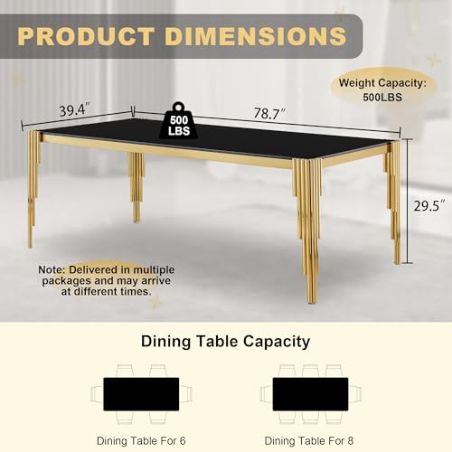 78'' Modern Glass Dining Table for 6 (Gold-black / Rectangle-78.74" L x 39.37" W x 29.53" H)
