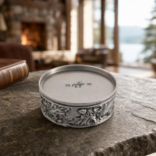 Wine Bottle Coaster Handcraft Pewter Acorn and Oak Leaf Pattern Heirloom Quality 5 inch Diameter x 2.25 inch Tall