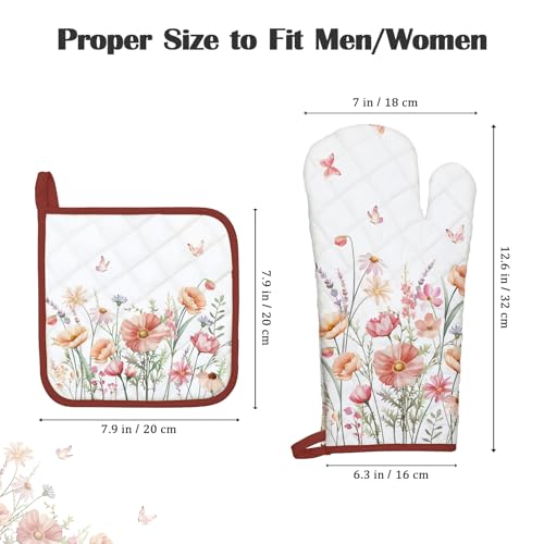 Pink Floral Oven Mitts and Pot Holders Sets 4Pcs (Pink Floral / Oven Mitt x2 & Pot Holder x2)