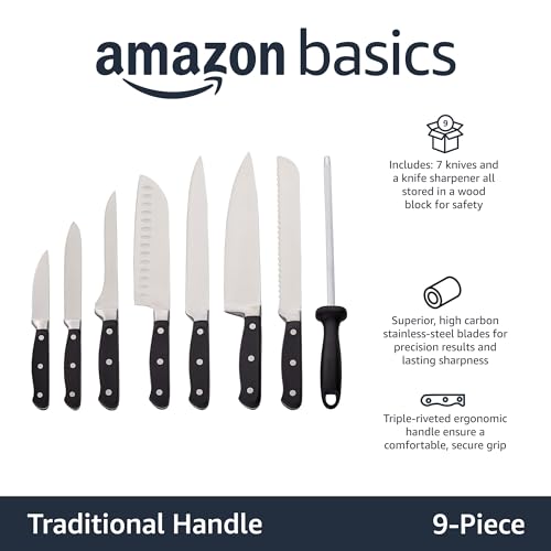 9-Piece High-Carbon Stainless Steel Kitchen Knife Set with Ergonomic Handles, Full Tang Construction, Pine Wood Block, Black (9-Piece / Traditional Handle Design)
