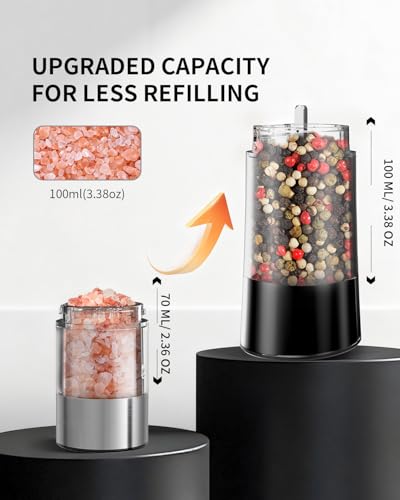 Gravity Sensor Salt and Pepper Grinder Set with Charging Base (Pure Black)