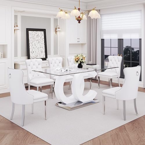 7 Piece Glass Dining Table Set for 6 (White Table & Silver White Chair / 7-Piece Set-OC-Shaped Table)