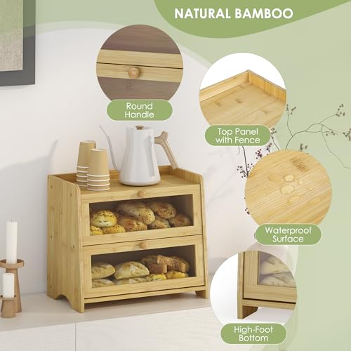 Double Layer Bread Box Container for Kitchen Countertop Homemade Bread (Natural Bamboo / 2 Tier-Medim)