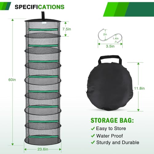 8 Layer Herb Drying Rack Hanging Mesh Net Foldable Plant Drying Racks 24" Diameter with Green Zipper & Hook Dryer Hanging Rack for Herbs Seed Bud Fruit Clothes Grow Tent Closets Garden Outdoor