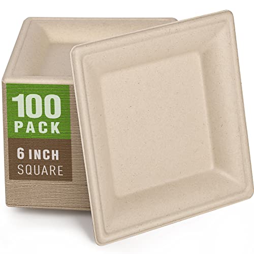 Samll Compostable Square Paper Plates 6 Inch 100 Pack Disposable (Brown / 6-inch 100 pack)