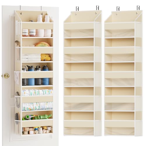 2 Pack Over The Door Organizer with 5 Large Pockets and 10 Mesh Side Pockets (2 Pack / Beige)