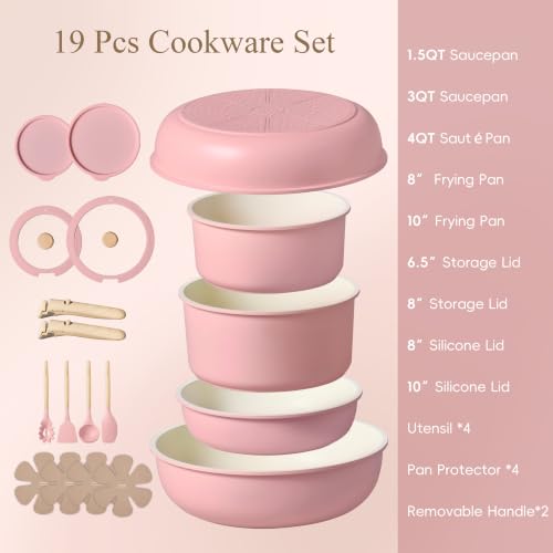 19pcs Pots and Pans Set Non Stick (Pink / 19 Piece)