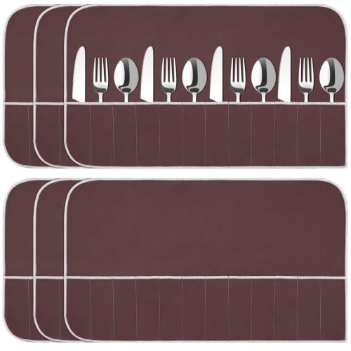 6 Pcs Anti Tarnish Silverware Storage Bags Felt (12 Slots / Brown)