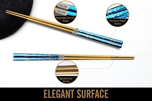 Metal Chopsticks Titanium Plated Stainless Steel Chopsticks Reusable Dishwasher safe Japanese Korean Chopstick lightweight Laser Engraved Anti (Blue gold)