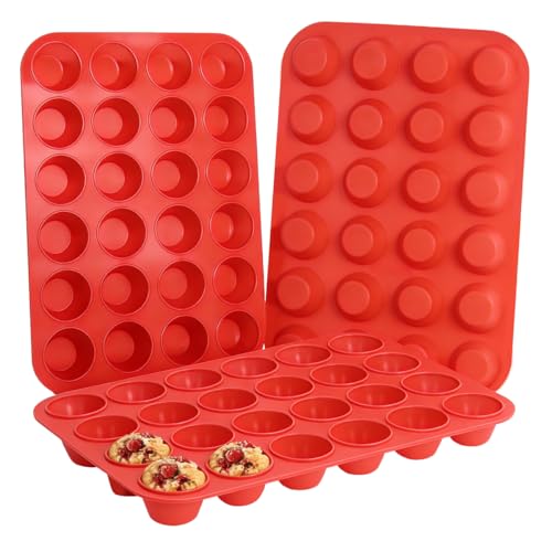 Silicone Mini Muffin Pan 3 Pack 24 Cups Nonstick Mini Cupcake Pan for Baking Muffins Cupcakes Egg Bites Fat Bombs (24-Cup Mini)