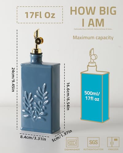 Sweejar Ceramic Olive Oil Dispenser Bottle for Kitchen (17 Oz(Gold Spout) / Fogblue)